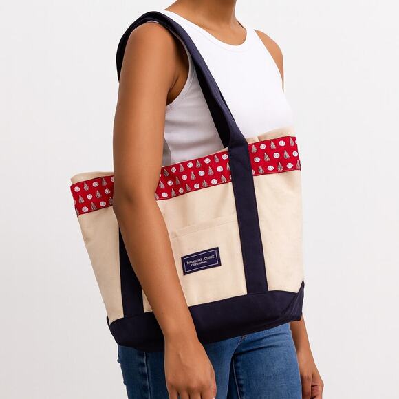 Vineyard Vines Canvas Tote Coastal Blue Ivory Oil Rig Print Zip Top - Picture 2 of 11